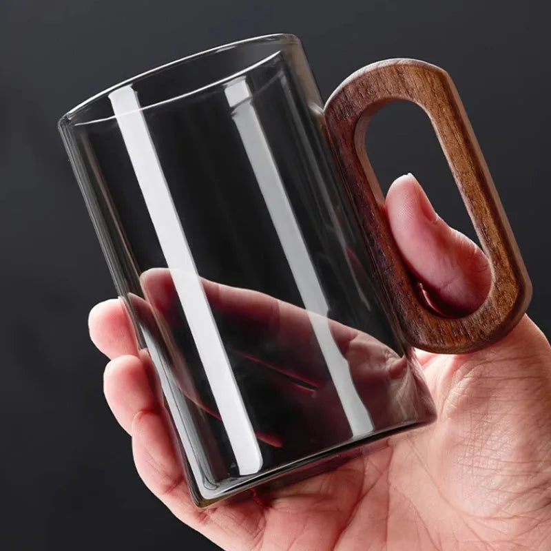 360ML High Borosilicate Glass Wood Tea Cup - Large Capacity Drinking Coffee Mug