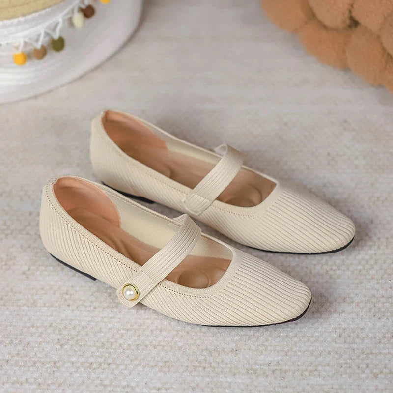 Stretchy Women Mary Jane Flats - Ribbed Knit For Spring