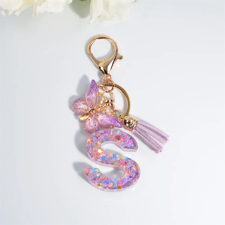 Sequin Letter Keychain With Butterfly Tassel Charm