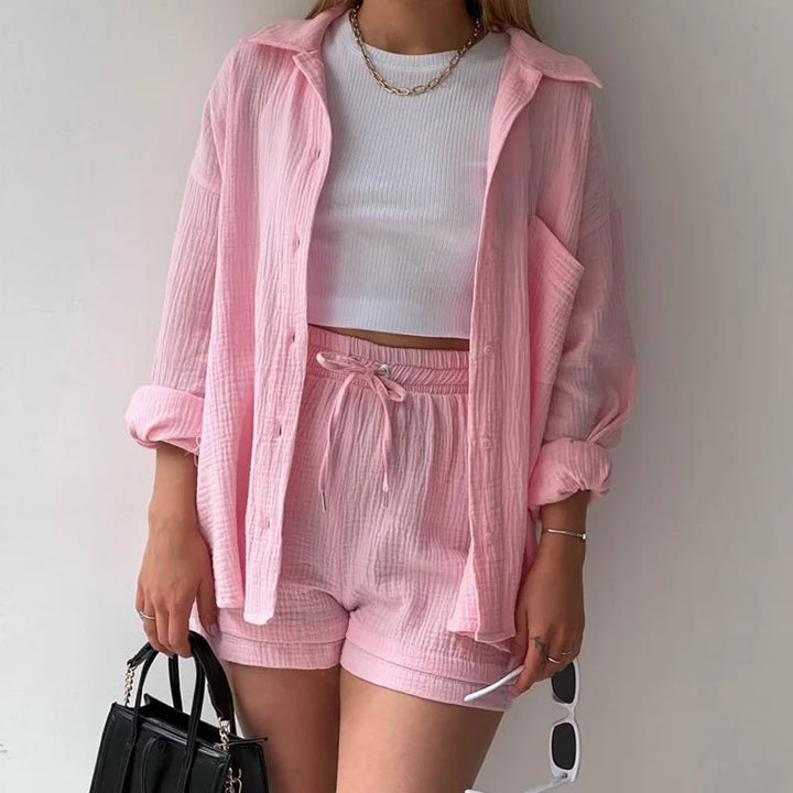 Women Two-Piece Set Orange Wrinkled Lapel Shirt &amp; High-Waisted Shorts Fashion Suit