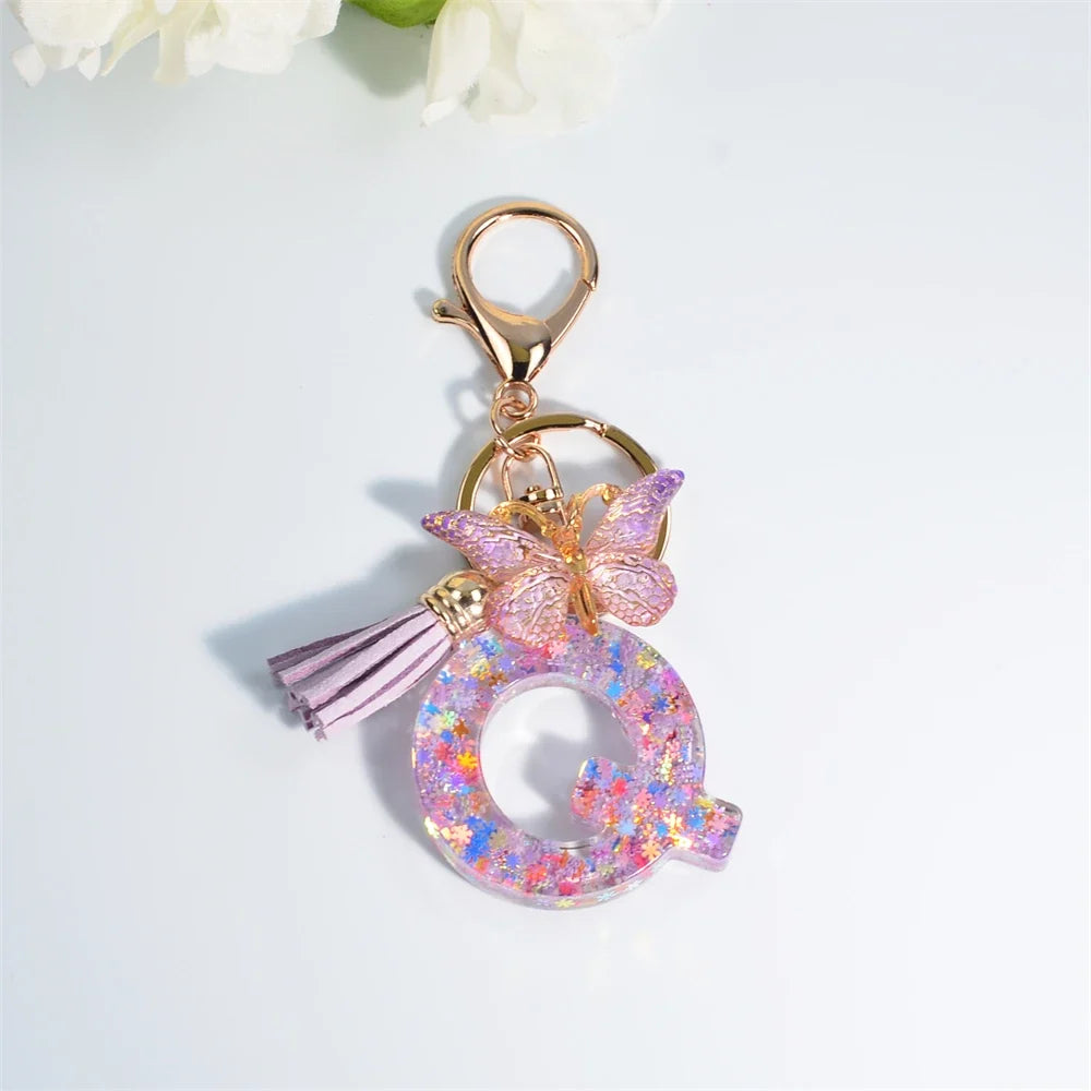 Sequin Letter Keychain With Butterfly Tassel Charm
