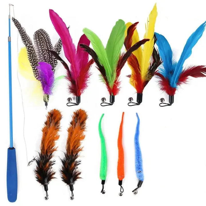 11pcs Replacement Cat Feather Toy Set - Retractable Cat Stick for Play, Durable Feather Toys