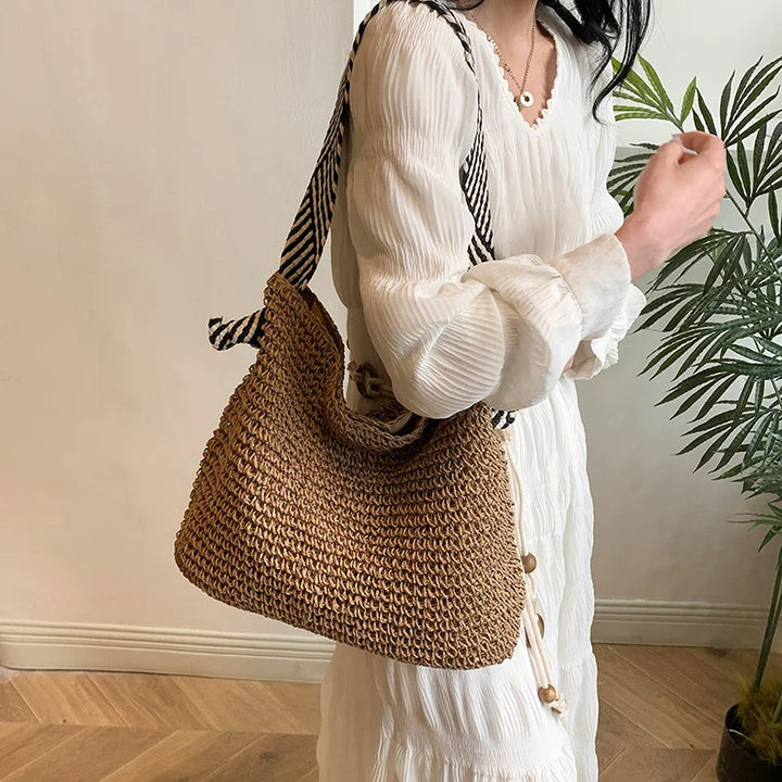 Straw Beach Bag - Large Capacity Woven Tote With Knot Shoulder Straps, Summer 2026
