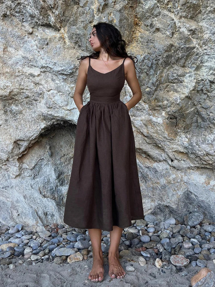 Elegant Summer Rug in Natural Linen and Cotton Blend, A-Line Design, Backless with Adjustable Straps, Ankle Length, Machine Washable