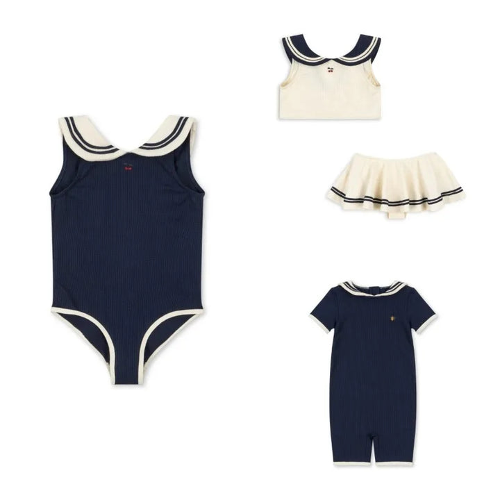 Soft Unisex Baby Swimwear Set - Classic Sailor-Style One-Piece, Top, Skirt, and Romper, Nylon, Summer Beach Days