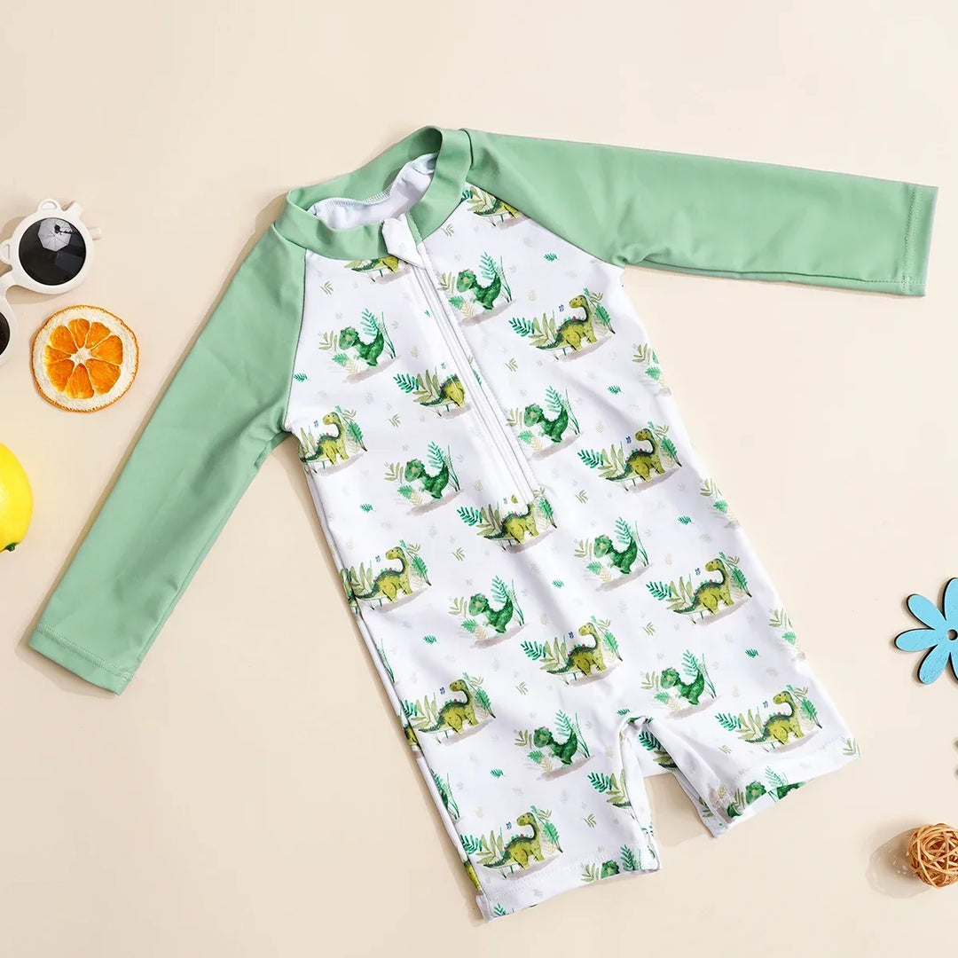 Soft Unisex Baby One-Piece Swimsuit - Zip-Front, Long-Sleeve, Print Pattern, Polyester, Summer Beachwear