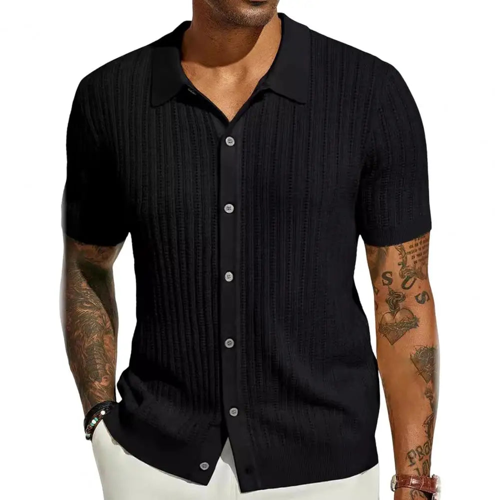 Plus Size Summer Men Knitted Cardigan Shirt, Breathable Short Sleeves Beach Top