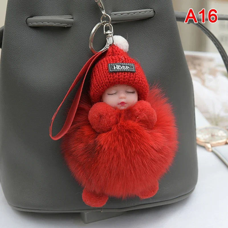 Pompom Sleeping Baby Keychain Plush Bag Charm Cute Gift