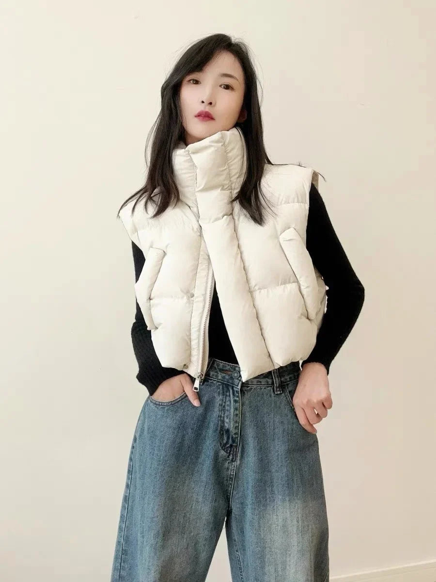 Warm Women Short Down Vest - Stand-Up Collar, Winter