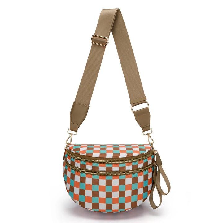 Versatile unisex crossbody bum bag – checkered nylon, box shape, travel and daily use