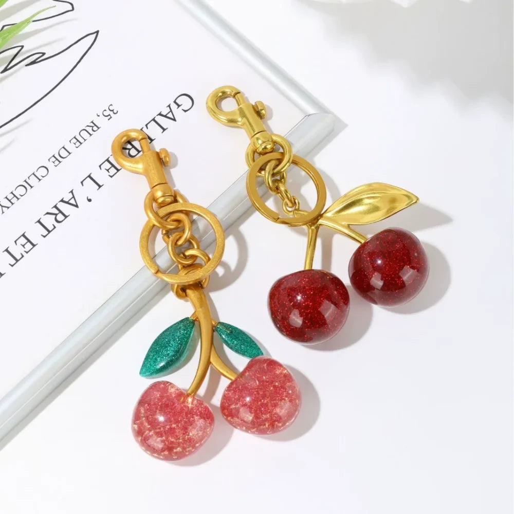 Red Cherry Keychain Bag Charm With Gold Leaf Lobster Clasp