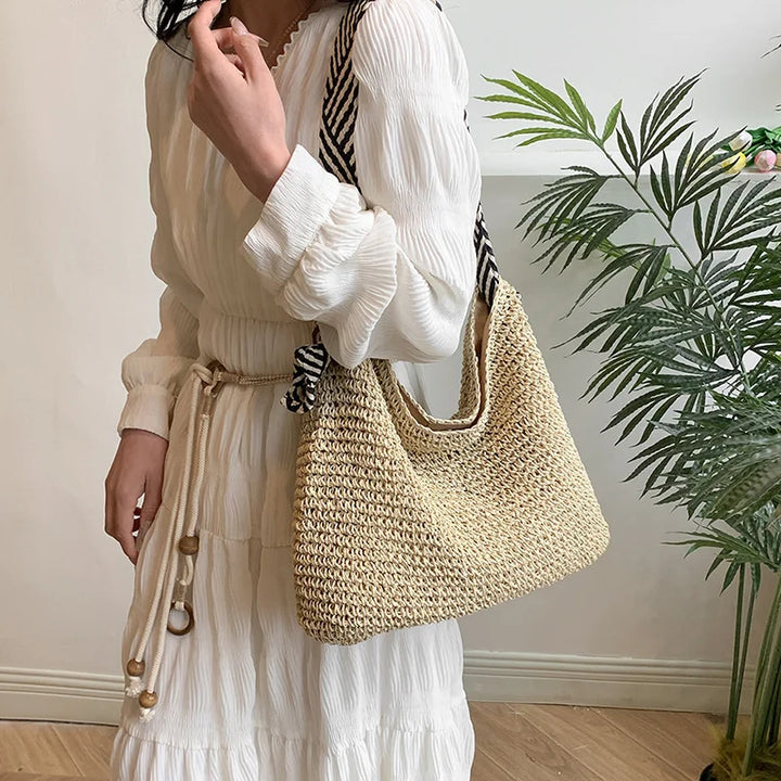 Straw Beach Bag - Large Capacity Woven Tote With Knot Shoulder Straps, Summer 2026