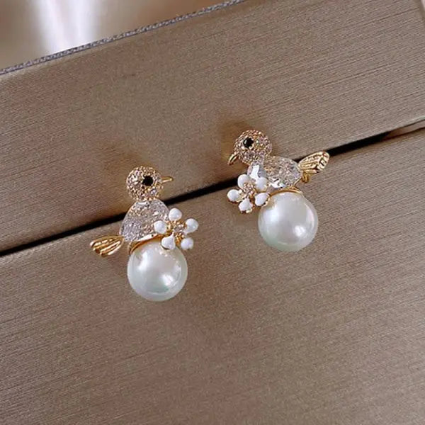 Crystal Flower Earrings Pearl Drop Gold Tone – Korean Style Party Jewelry, Fall 2026 Gift Idea
