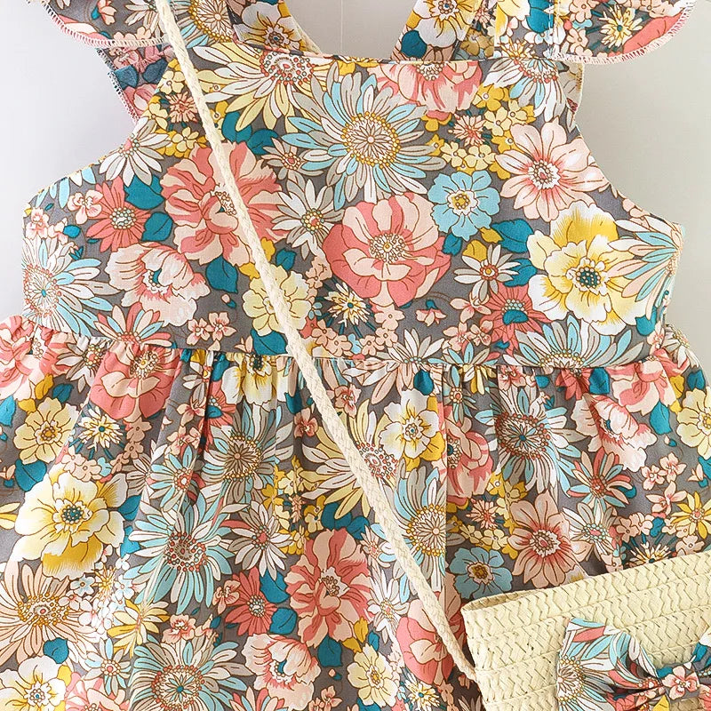 Soft Cozy Baby Girl Dress - Floral Flutter Sleeve, Polyester, For Summer Outings And Playtime