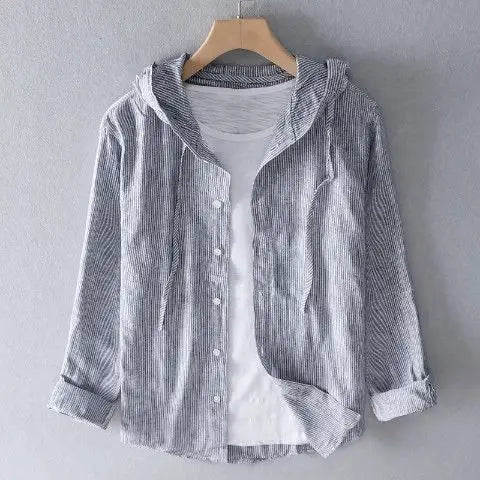 Spring Summer Solid Color Hooded Cotton Hemp Shirt Man Casual Cardigan