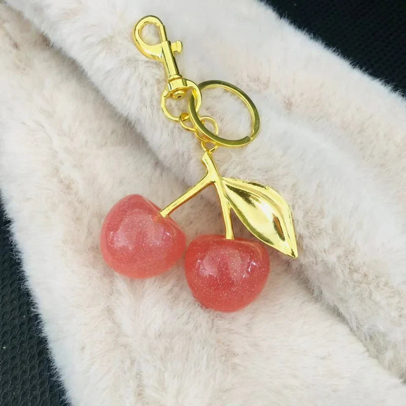 Red Cherry Keychain Bag Charm With Gold Leaf Lobster Clasp