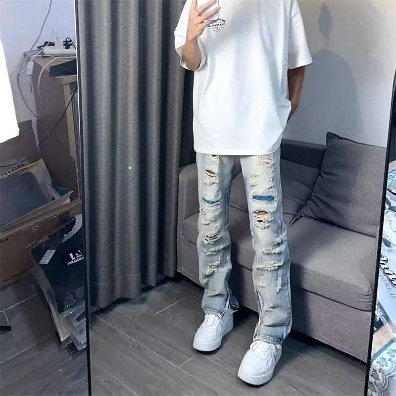 Oversized Relaxed Mens Jeans - Ripped Straight Leg Denim