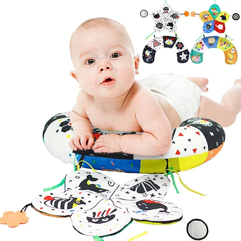 High Contrast Baby Tummy Time Pillow with Mirror, Teething Toy, and Crinkle Paper for Infants 0-6 Months