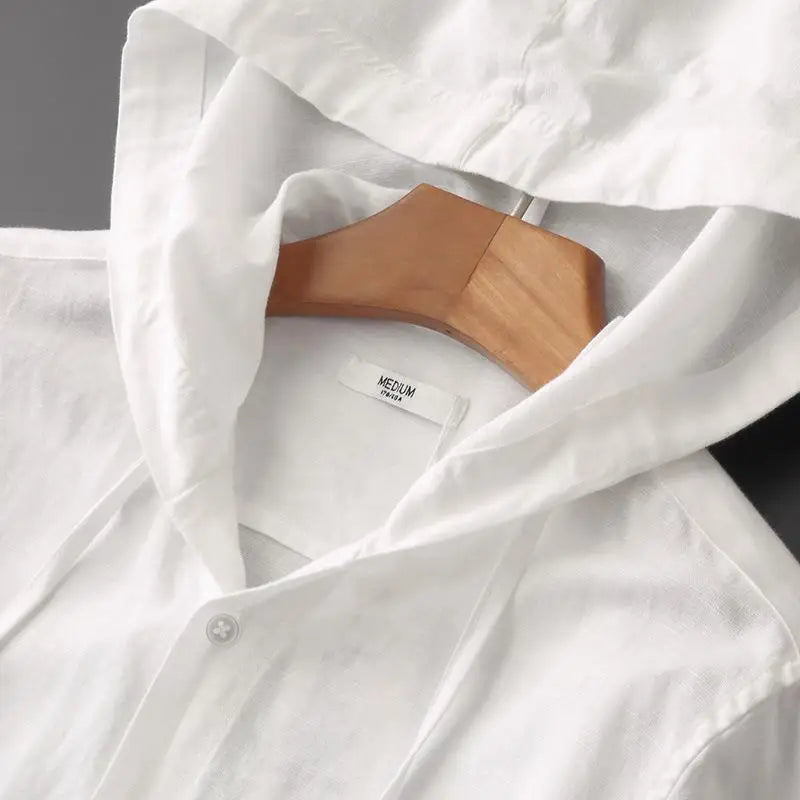 Spring Summer Solid Color Hooded Cotton Hemp Shirt Man Casual Cardigan