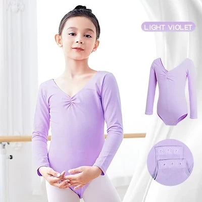 Breathable girls long sleeve ballet leotard - twist-front, cotton, for dance class