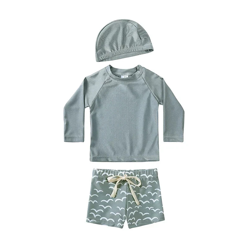 Quick-dry Unisex Baby Swimwear 2-Piece Set – Long-Sleeve Rash Guard Top, Shorts, Polyester, Summer Beachwear
