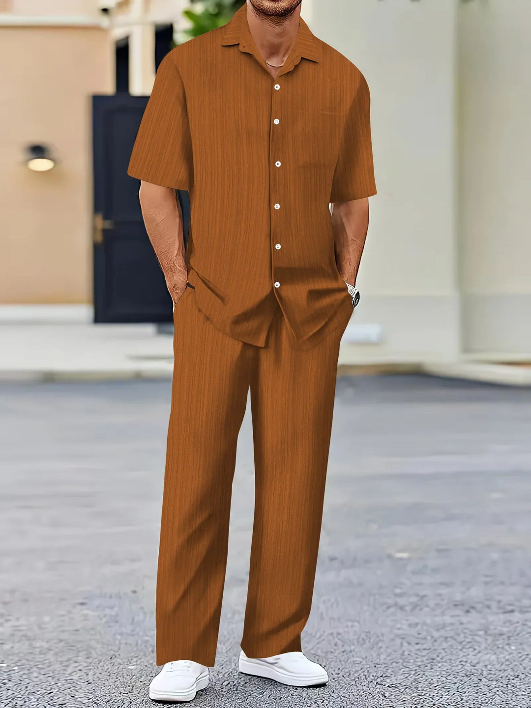 Lightweight Linen Shirt and Pants Set, Vertical Striped Design, Relaxed Fit for Casual and Semi-Formal Wear