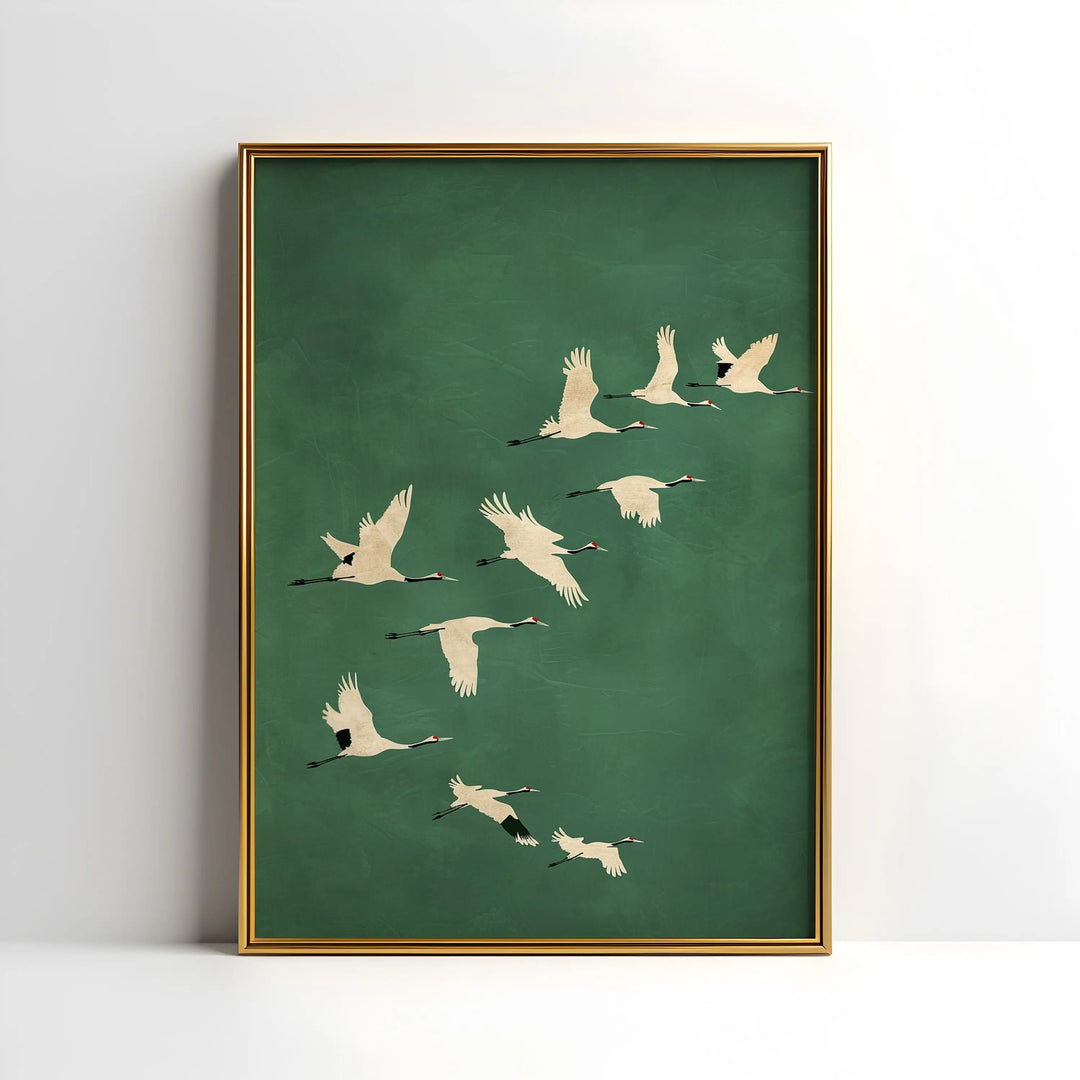 Cranes Wall Art Emerald Green Canvas With Gold Accents