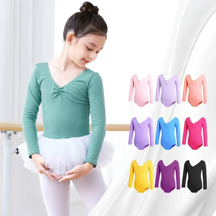 Soft Girls Ballet Leotard – Long Sleeve, Chest-Drawstring, Cotton, For Dance Class