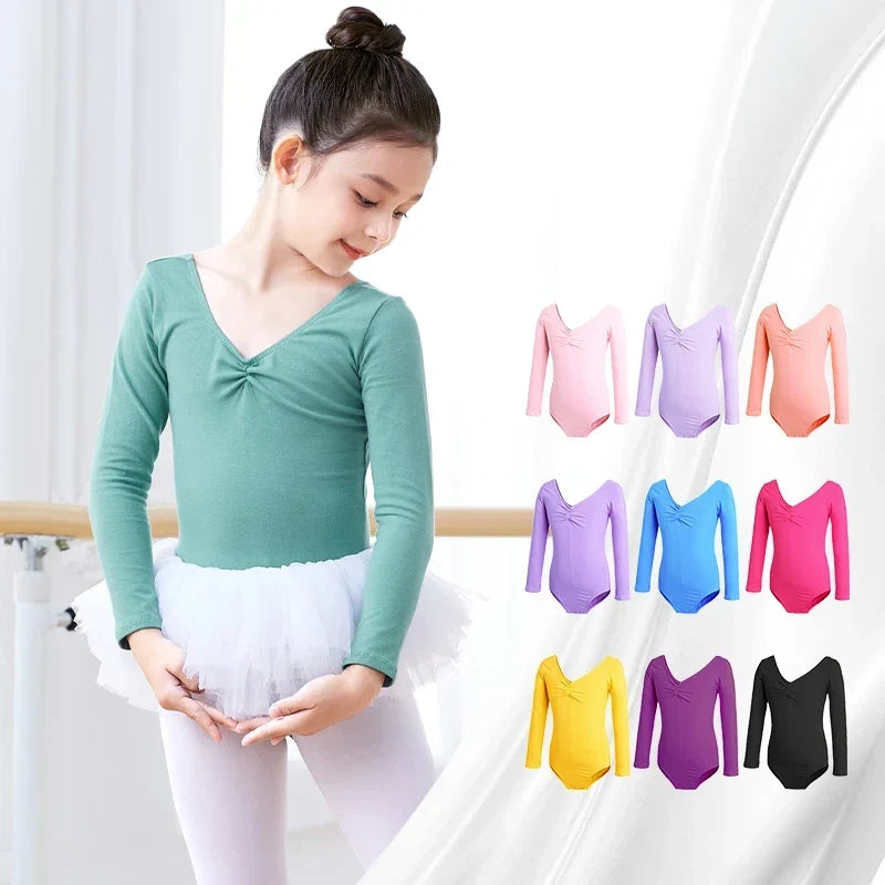 Breathable girls long sleeve ballet leotard - twist-front, cotton, for dance class