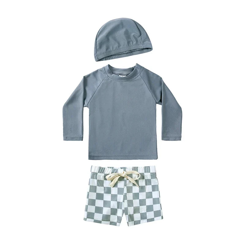 Quick-dry Unisex Baby Swimwear 2-Piece Set – Long-Sleeve Rash Guard Top, Shorts, Polyester, Summer Beachwear
