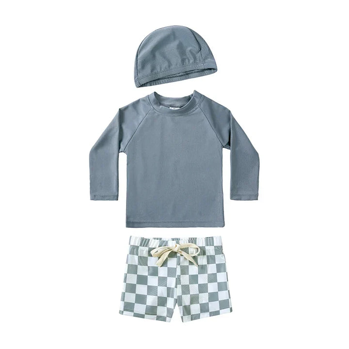 Quick-dry Unisex Baby Swimwear 2-Piece Set – Long-Sleeve Rash Guard Top, Shorts, Polyester, Summer Beachwear