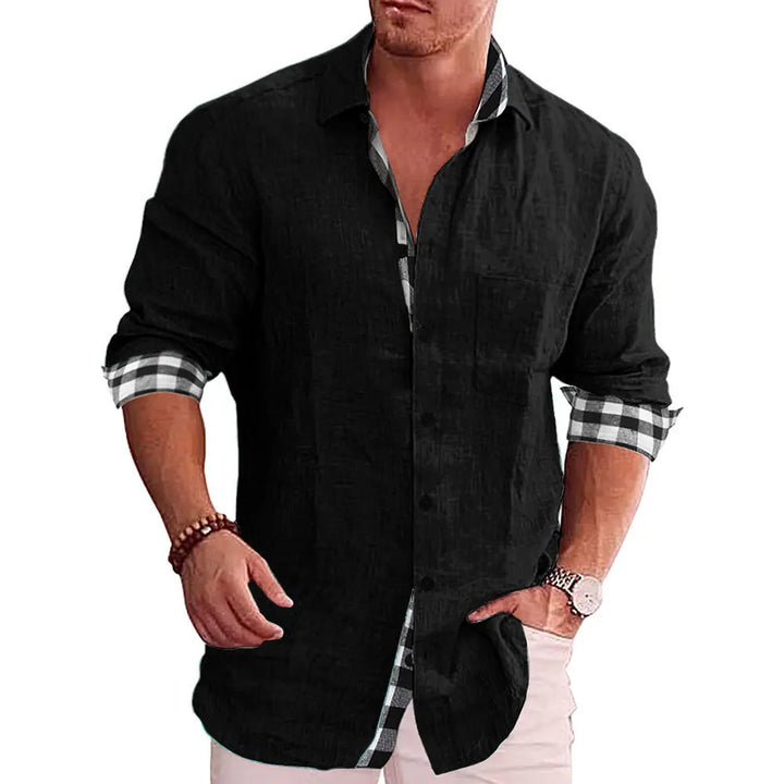 Cotton Linen Plaid Blouse Shirt - Long Sleeve Office Workwear Tops
