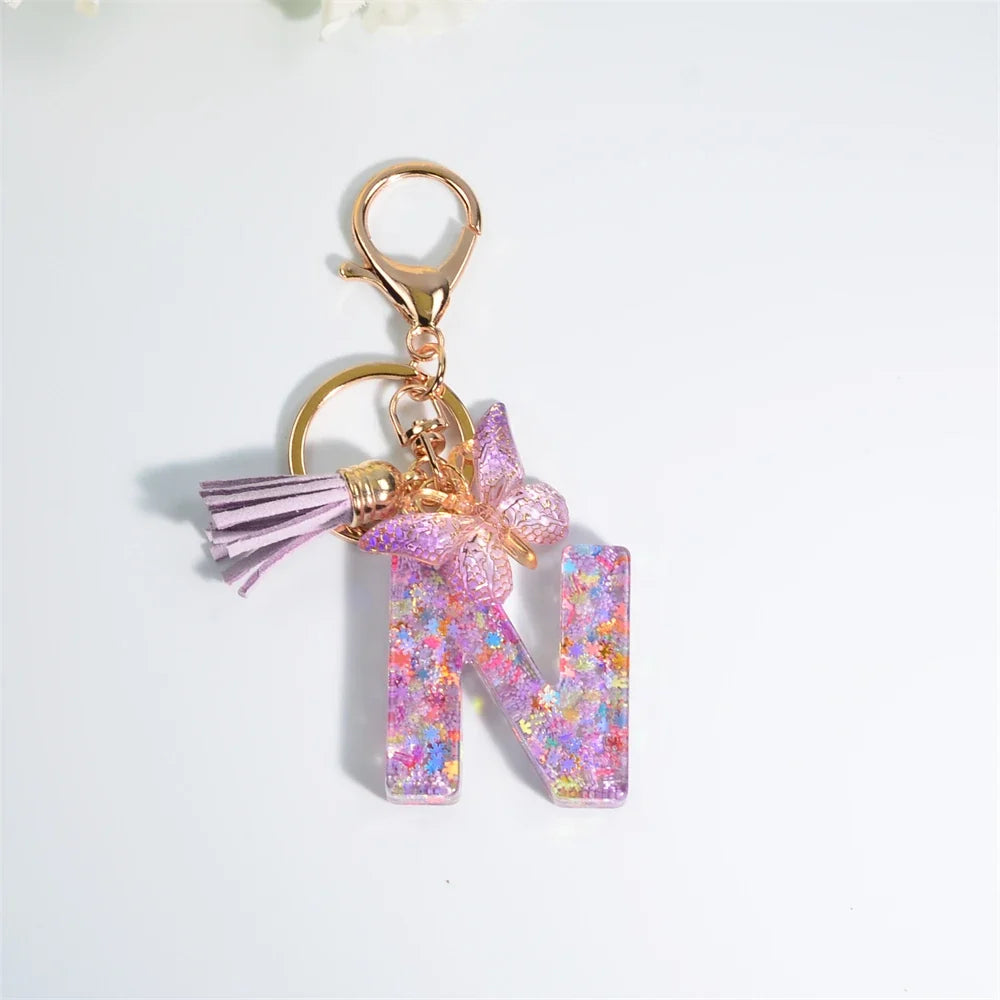 Sequin Letter Keychain With Butterfly Tassel Charm
