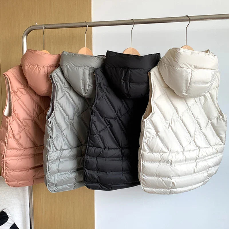 Lightweight Women’s Hooded Down Vest - Quilted Midlength