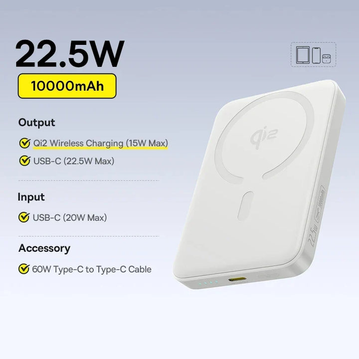 Qi2 Magnetic Power Bank 10000mAh – 15W Wireless &amp; 22.5W USB-C Charging for iPhone &amp; Samsung 2026