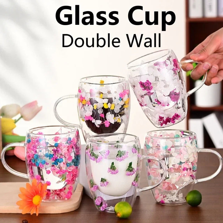 Double Wall Glass Cup with Handle Dried Flower Decorated Ins Style Mug 300ML