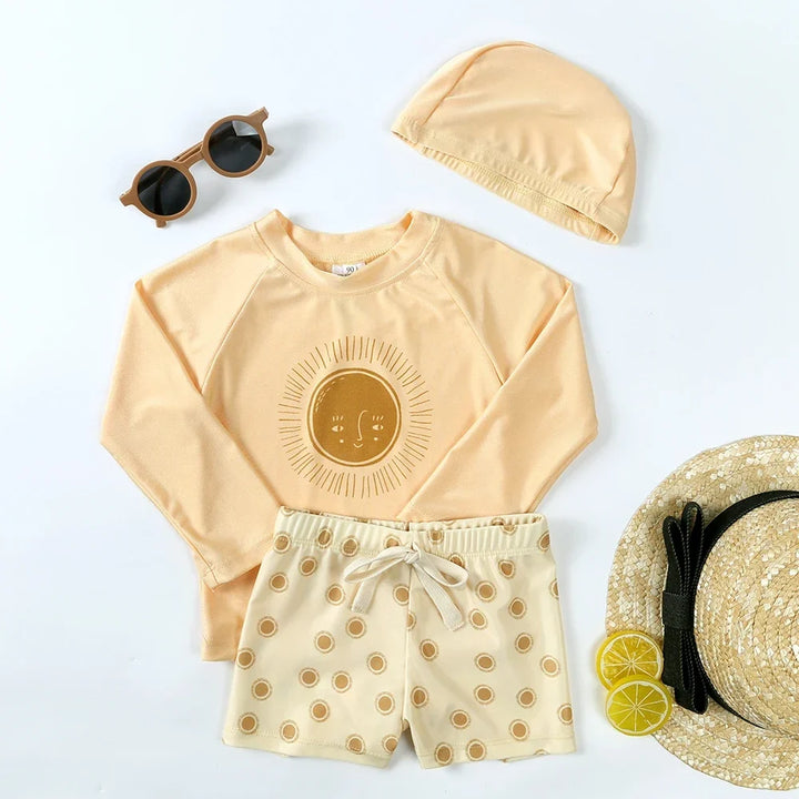 Breathable Kids Rash Guard Swim Set – Long-Sleeve Top, Swim Trousers, Hat, Polyester Elastane, Beach Vacation