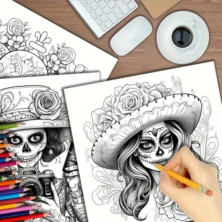 colouring Book Upgraded Thickened Paper Sugar Skull Art Halloween Trend Gift Idea 22 Pages