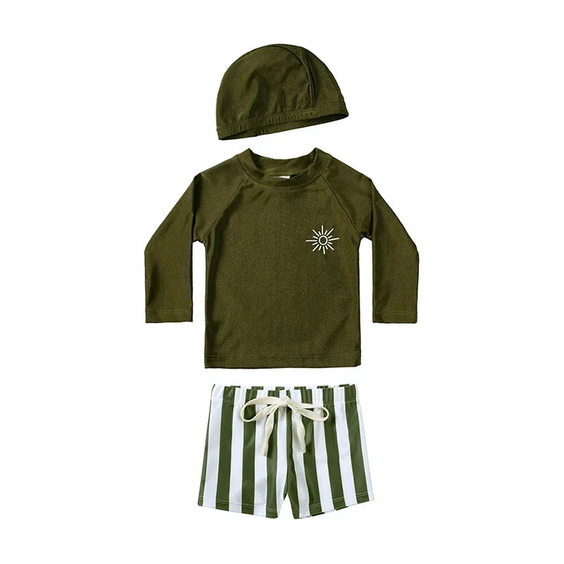 Quick-dry Unisex Baby Swimwear 2-Piece Set – Long-Sleeve Rash Guard Top, Shorts, Polyester, Summer Beachwear