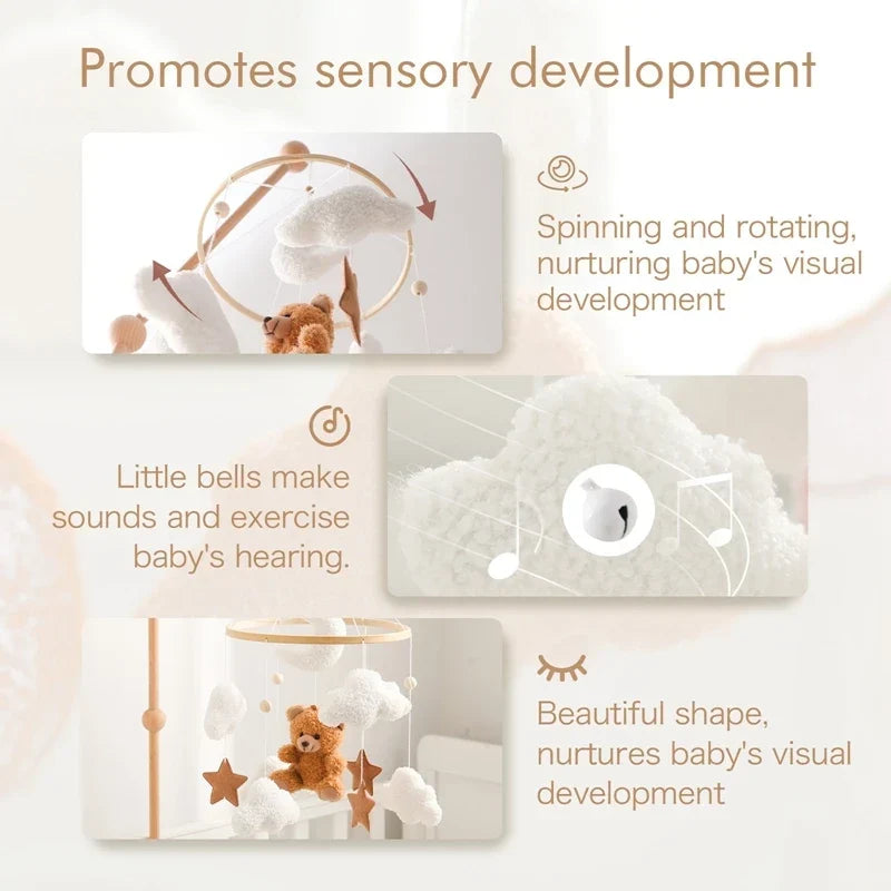 Wooden Crib Mobile Felt Bear Musical Newborn Sensory Toys