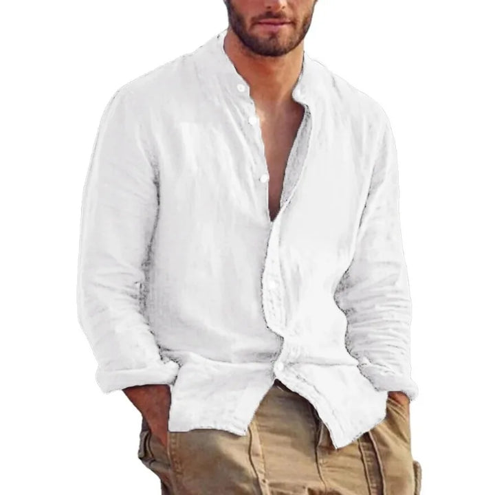 Men’s Cotton Shirt with Mandarin Collar, Lightweight Breathable Casual Summer Shirt in Tailored Fit
