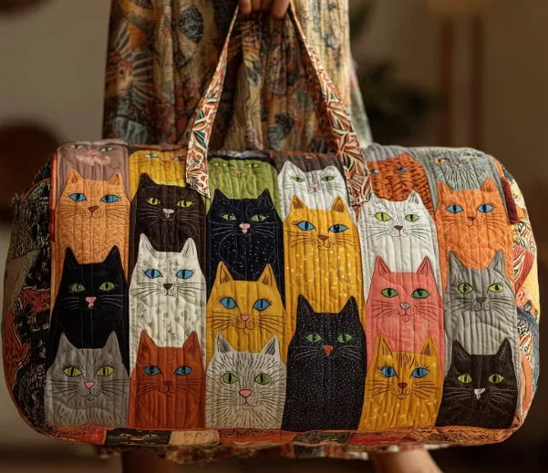 Soft Unisex Travel Tote - Quilted, Cat-Embroidered Fabric, For Beach, Hiking, Camping