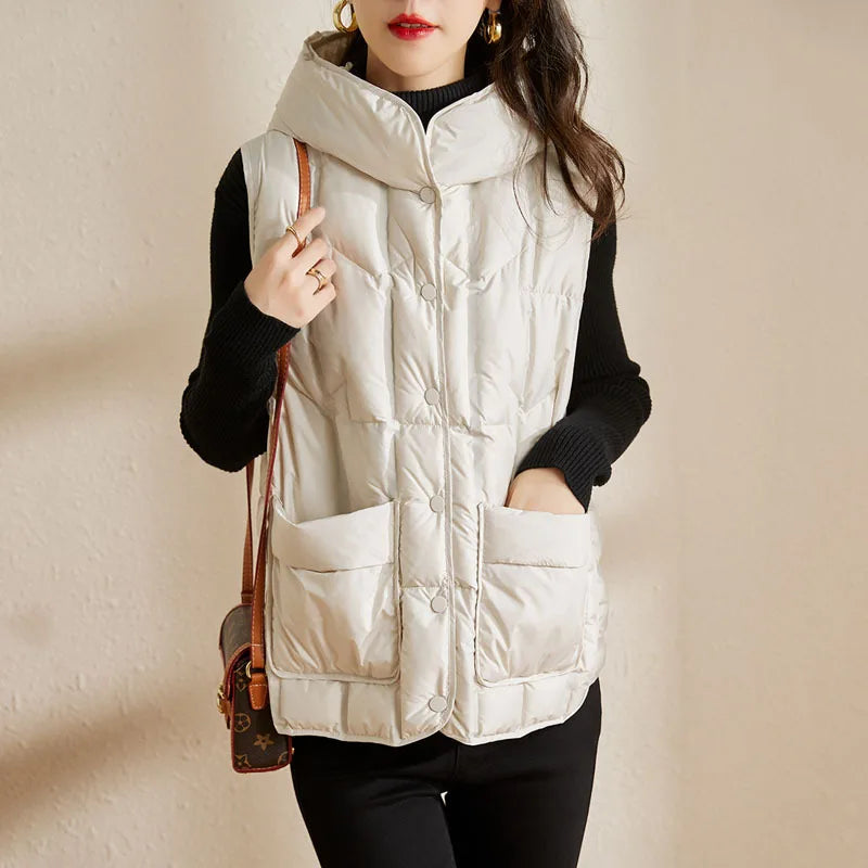 Lightweight Women Hooded Down Vest - Boxy, Down, Autumn