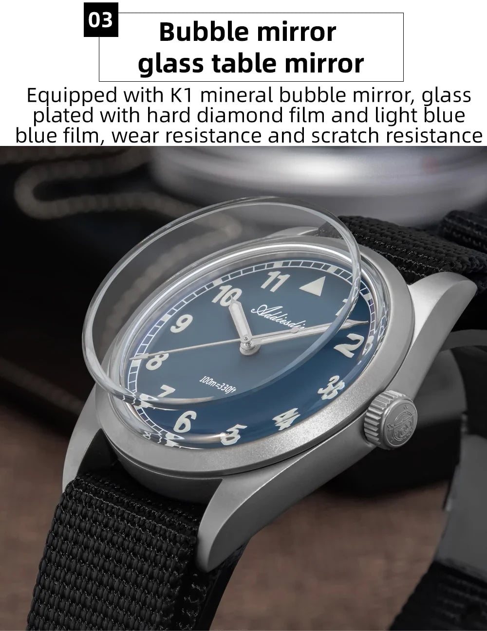 Waterproof Diver Quartz Watch Luminous Hands, Nylon Strap, 100m Water Resistance