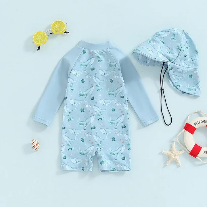 Quick-Dry Baby Rash Guard Swimsuit Set With Sun Hat - Long Sleeve, Polyester, For Beach And Sun Protection