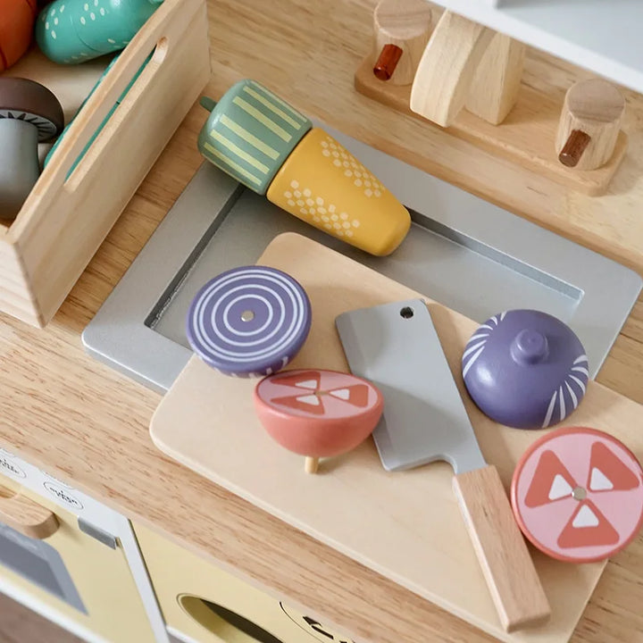 Wooden Kids Kitchen Playset with Cutting Food Accessories - Fruits, Vegetables &amp; Bakery Toys