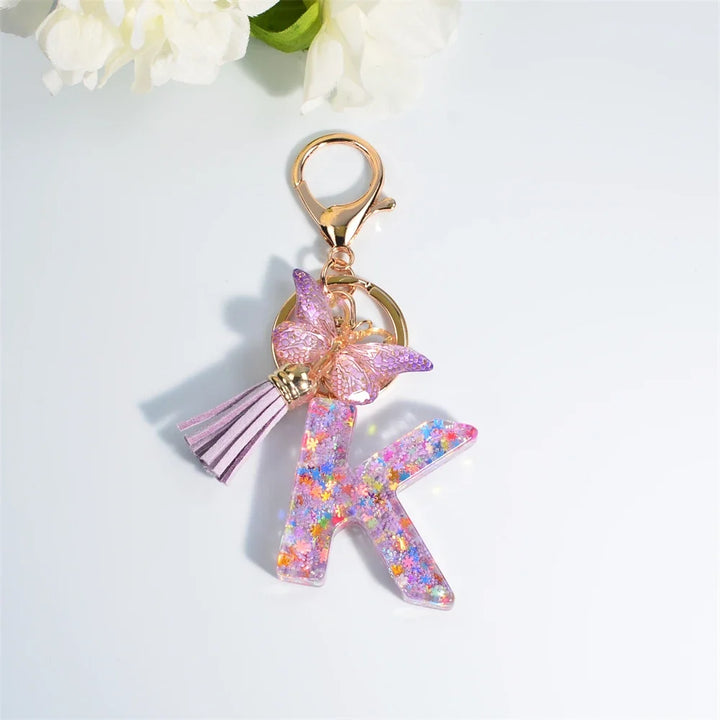 Sequin Letter Keychain With Butterfly Tassel Charm