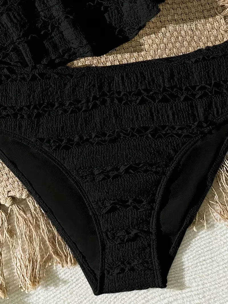 Lightweight girls’ bikini set - two-piece, textured lace-like fabric, polyester, for summer beach vacation