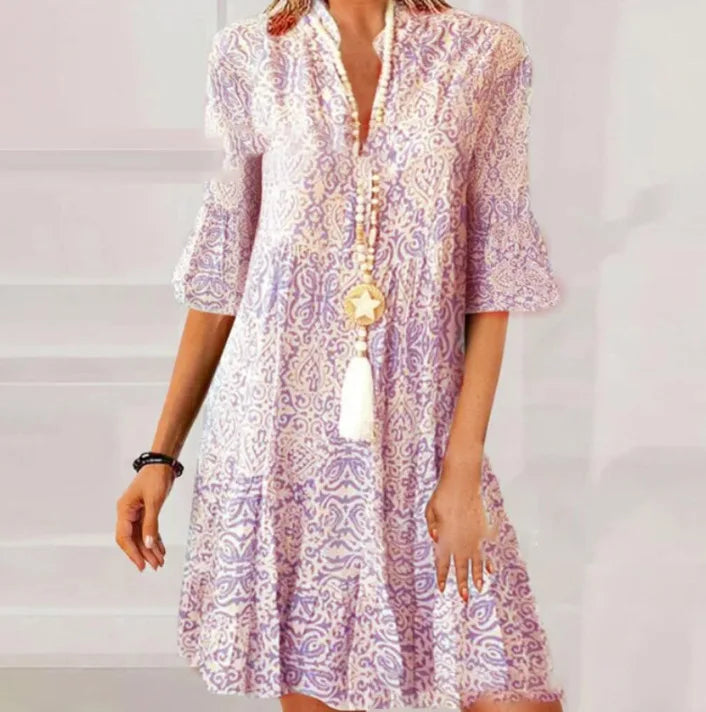 Autumn V Neck Flared Mini Dress for Ladies - Casual A-Line Pullover Boho Style