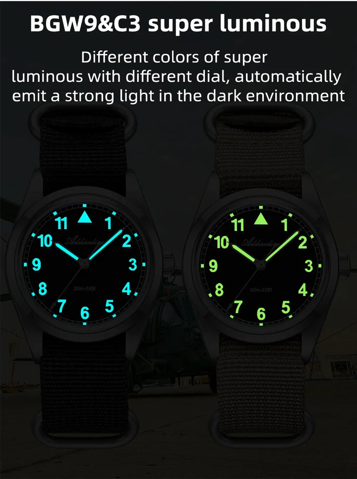 Waterproof Diver Quartz Watch Luminous Hands, Nylon Strap, 100m Water Resistance